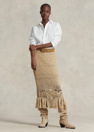 Béžové dámské třásňové sukně Ralph Lauren Pointelle pletené Macrame