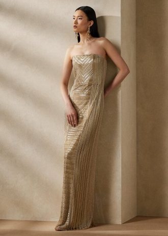 Béžové dámské zdobené večerní šaty Ralph Lauren Collingwood
