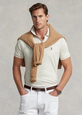 Béžové pánské polokošile z měkké bavlny Ralph Lauren Custom Slim Fit