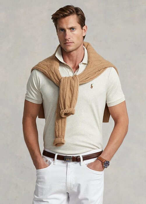Béžové pánské polokošile z měkké bavlny Ralph Lauren Custom Slim Fit Béžové pánské polokošile z měkké bavlny Ralph Lauren Custom Slim Fit