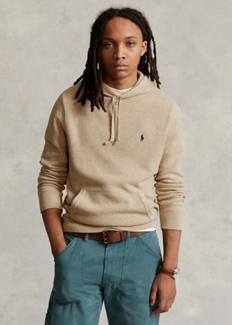 Béžové pánské svetry Ralph Lauren z bavlny s texturou a kapucí