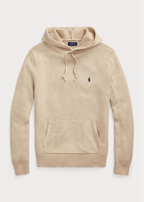 Béžové pánské svetry Ralph Lauren z bavlny s texturou a kapucí Béžové pánské svetry Ralph Lauren z bavlny s texturou a kapucí