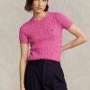 Dámské fuchsiové bavlněné svetry s krátkým rukávem Ralph Lauren kabelem
