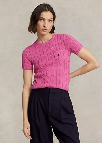 Dámské fuchsiové bavlněné svetry s krátkým rukávem Ralph Lauren kabelem