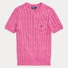 Dámské fuchsiové bavlněné svetry s krátkým rukávem Ralph Lauren kabelem