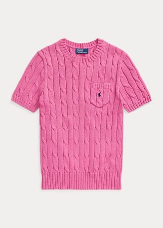 Dámské fuchsiové bavlněné svetry s krátkým rukávem Ralph Lauren kabelem