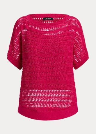 Dámské fuchsiové svetry Ralph Lauren z bavlněné síťoviny s krátkým rukávem