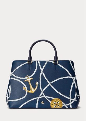 Dámské velké kožené kabelky Hanna Crosshatch Ralph Lauren s motivem námořnického lana