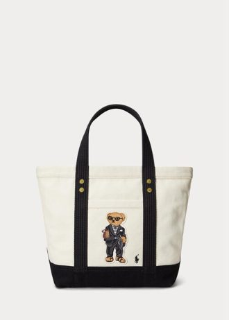 Ecru/černé dámské plátěné kabelky Ralph Lauren Polo Bear