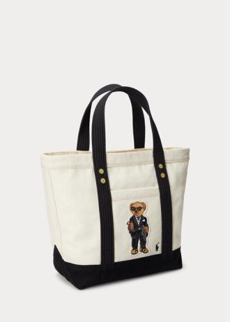 Ecru/černé dámské plátěné kabelky Ralph Lauren Polo Bear
