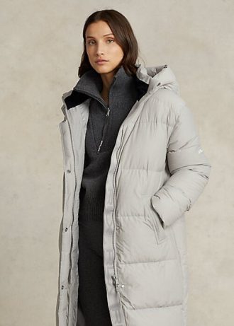Šedé dámské kabáty s kapucí Ralph Lauren, odolné proti vodě Šedé dámské kabáty s kapucí Ralph Lauren, odolné proti vodě