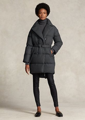 Šedé dámské prošívané dvouřadé péřové kabáty Ralph Lauren