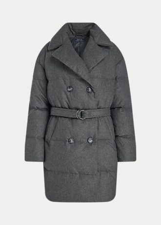 Šedé dámské prošívané dvouřadé péřové kabáty Ralph Lauren