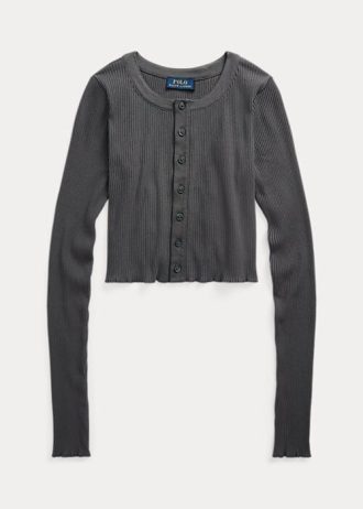 Šedé dámské topy Ralph Lauren s žebrovaným knoflíkem vpředu Šedé dámské topy Ralph Lauren s žebrovaným knoflíkem vpředu