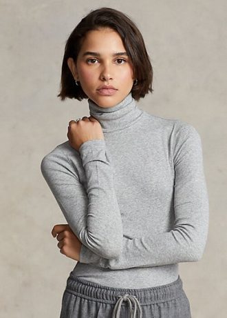Šedá dámská trička Ralph Lauren Stretch s žebrovaným rolákem