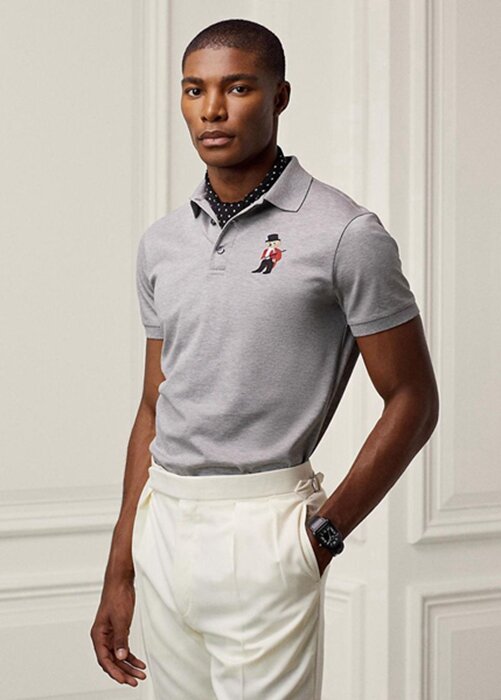Šedé pánské polokošile Slim Fit Bear na zakázku Ralph Lauren Šedé pánské polokošile Slim Fit Bear na zakázku Ralph Lauren