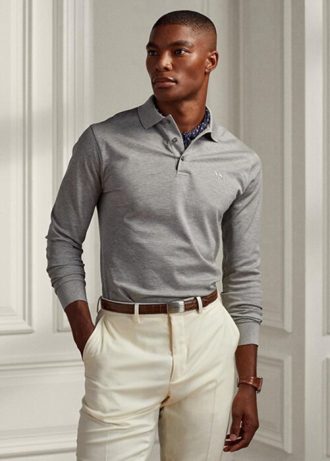 Šedé pánské polokošile Slim Fit Pique Ralph Lauren Custom Šedé pánské polokošile Slim Fit Pique Ralph Lauren Custom