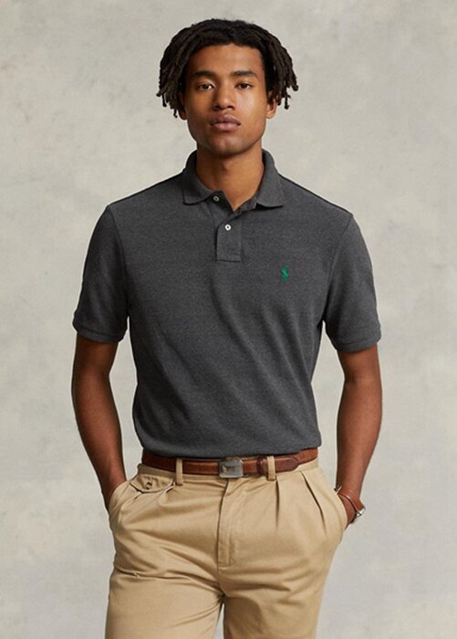 Šedé pánské Slim Fit Mesh Polo košile Ralph Lauren Custom Šedé pánské Slim Fit Mesh Polo košile Ralph Lauren Custom