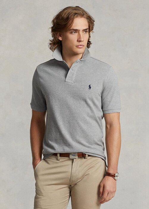 Šedé pánské Slim Fit Mesh Polo košile Ralph Lauren Custom Šedé pánské Slim Fit Mesh Polo košile Ralph Lauren Custom