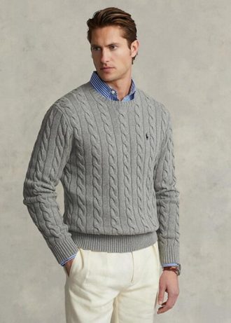 Šedé pánské svetry Ralph Lauren Bavlněné svetry s kabelovým úpletem Šedé pánské svetry Ralph Lauren Bavlněné svetry s kabelovým úpletem