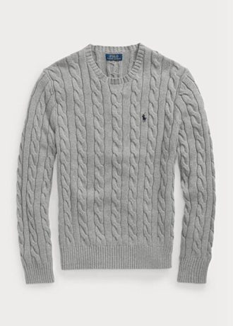 Šedé pánské svetry Ralph Lauren Bavlněné svetry s kabelovým úpletem Šedé pánské svetry Ralph Lauren Bavlněné svetry s kabelovým úpletem