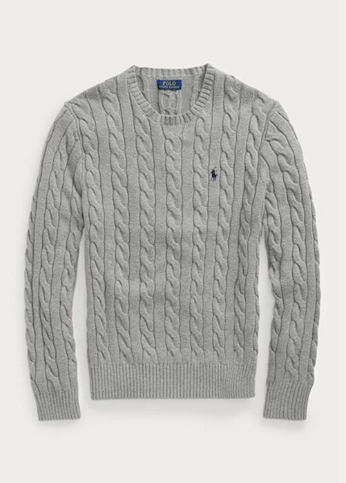 Šedé pánské svetry Ralph Lauren Bavlněné svetry s kabelovým úpletem Šedé pánské svetry Ralph Lauren Bavlněné svetry s kabelovým úpletem