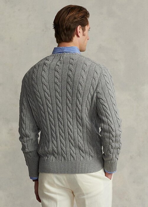 Šedé pánské svetry Ralph Lauren Bavlněné svetry s kabelovým úpletem Šedé pánské svetry Ralph Lauren Bavlněné svetry s kabelovým úpletem