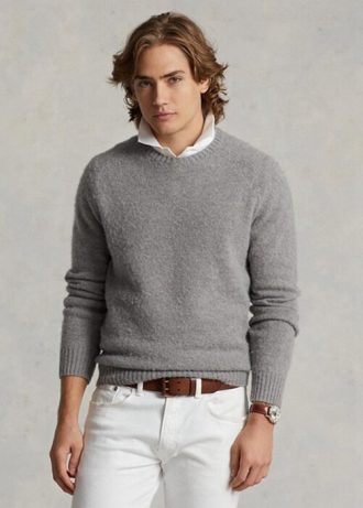 Šedé pánské svetry Ralph Lauren semišové s vlněným výstřihem Šedé pánské svetry Ralph Lauren semišové s vlněným výstřihem