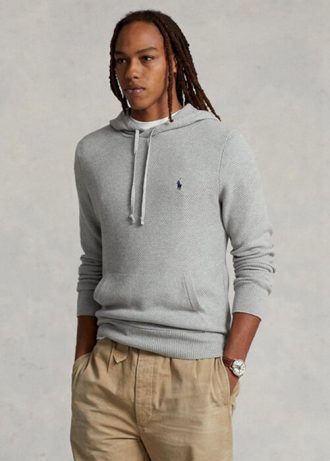Šedé pánské svetry Ralph Lauren z bavlny s texturou a kapucí Šedé pánské svetry Ralph Lauren z bavlny s texturou a kapucí