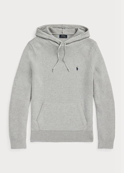 Šedé pánské svetry Ralph Lauren z bavlny s texturou a kapucí Šedé pánské svetry Ralph Lauren z bavlny s texturou a kapucí
