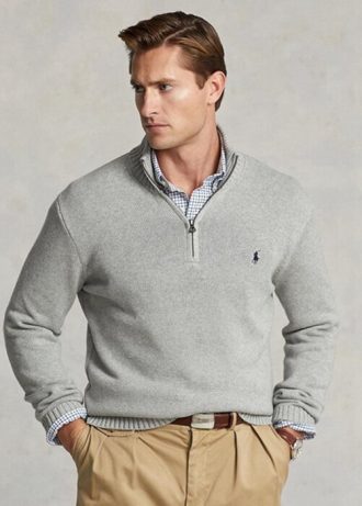 Šedé pánské svetry Ralph Lauren z bavlny se čtvrtky na zip Šedé pánské svetry Ralph Lauren z bavlny se čtvrtky na zip