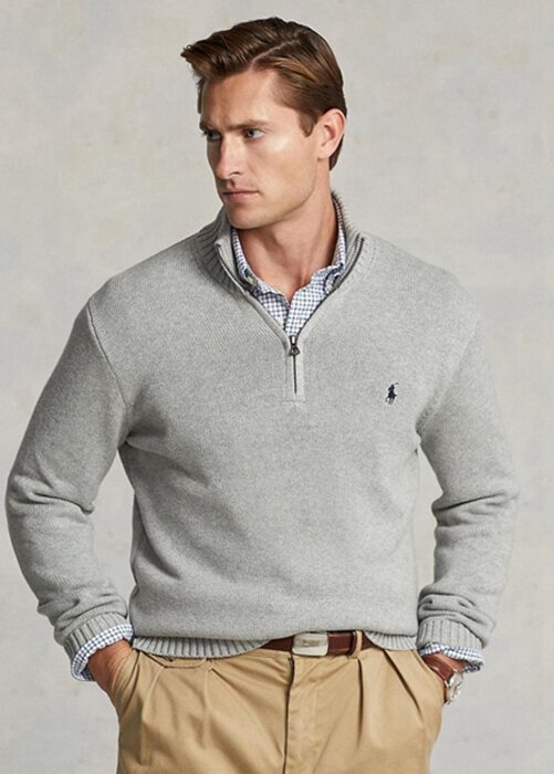Šedé pánské svetry Ralph Lauren z bavlny se čtvrtky na zip Šedé pánské svetry Ralph Lauren z bavlny se čtvrtky na zip