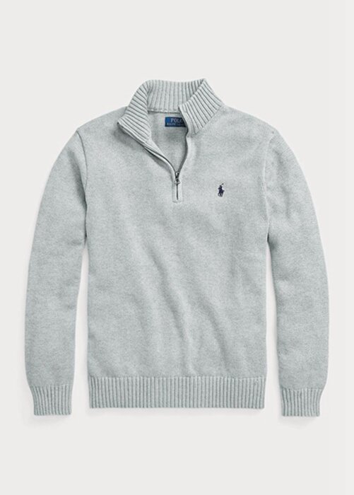 Šedé pánské svetry Ralph Lauren z bavlny se čtvrtky na zip Šedé pánské svetry Ralph Lauren z bavlny se čtvrtky na zip