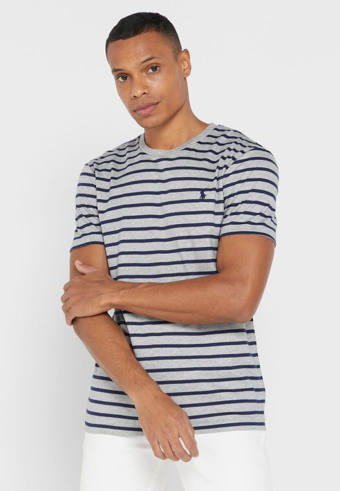 Šedá pánská trička Ralph Lauren s pruhovaným výstřihem