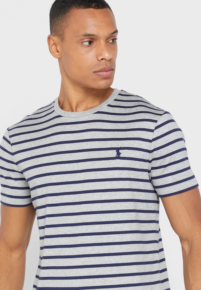 Šedá pánská trička Ralph Lauren s pruhovaným výstřihem