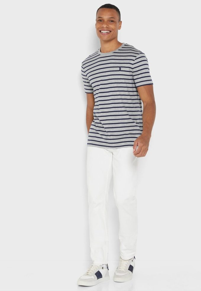 Šedá pánská trička Ralph Lauren s pruhovaným výstřihem