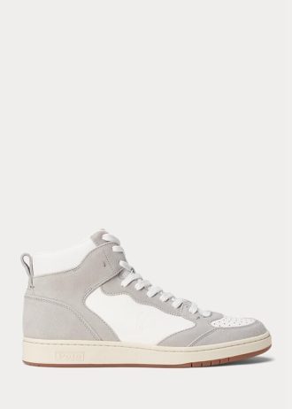 Šedo-bílé pánské kožené semišové vysoké tenisky Ralph Lauren Court Šedo-bílé pánské kožené semišové vysoké tenisky Ralph Lauren Court