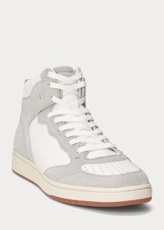Šedo-bílé pánské kožené semišové vysoké tenisky Ralph Lauren Court Šedo-bílé pánské kožené semišové vysoké tenisky Ralph Lauren Court