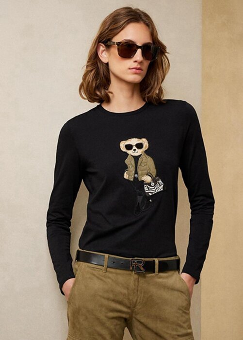 Černá dámská bavlněná trička Ralph Lauren Utility Bear s dlouhým rukávem Černá dámská bavlněná trička Ralph Lauren Utility Bear s dlouhým rukávem