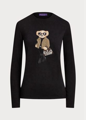 Černá dámská bavlněná trička Ralph Lauren Utility Bear s dlouhým rukávem