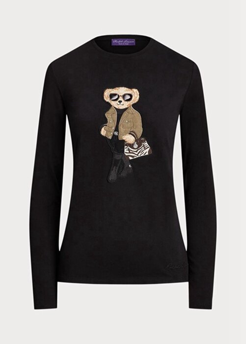Černá dámská bavlněná trička Ralph Lauren Utility Bear s dlouhým rukávem Černá dámská bavlněná trička Ralph Lauren Utility Bear s dlouhým rukávem