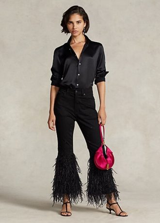 Černé dámské džíny Ralph Lauren Beaded Feather-Trim High-Rise Flare