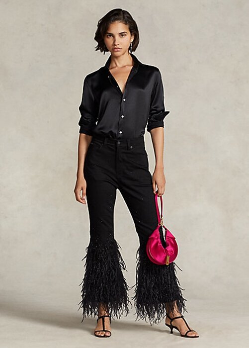 Černé dámské džíny Ralph Lauren Beaded Feather-Trim High-Rise Flare Černé dámské džíny Ralph Lauren Beaded Feather-Trim High-Rise Flare