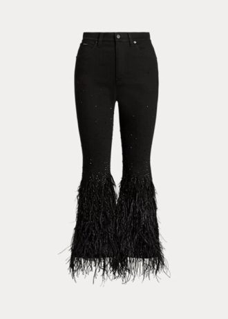 Černé dámské džíny Ralph Lauren Beaded Feather-Trim High-Rise Flare