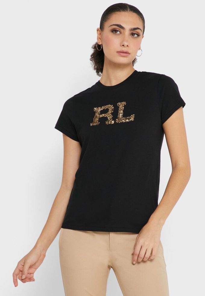 Černé dámské grafické topy Ralph Lauren s kulatým výstřihem