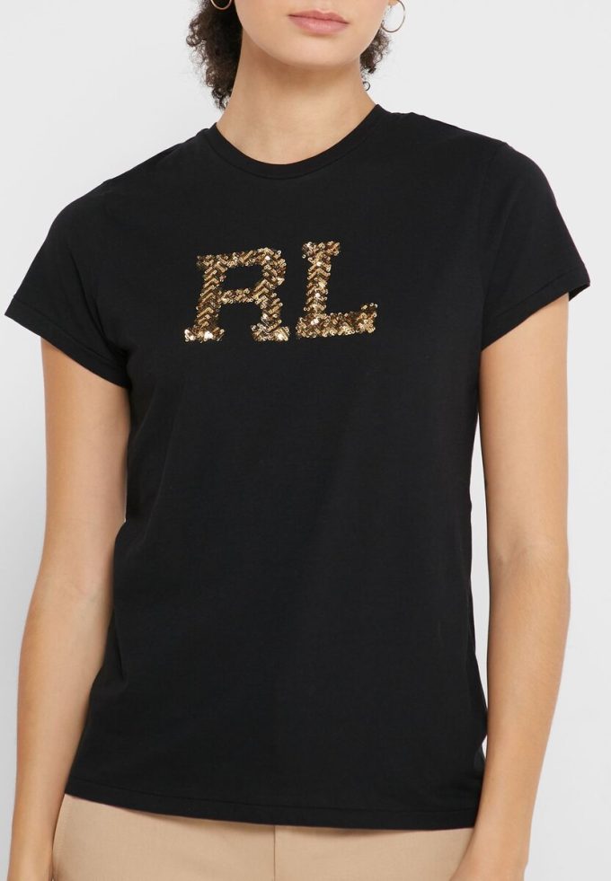 Černé dámské grafické topy Ralph Lauren s kulatým výstřihem