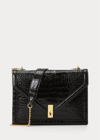 Černé dámské kabelky Ralph Lauren Polo ID Croc-embossed Envelope Chain Crossbody