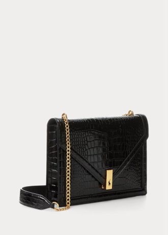 Černé dámské kabelky Ralph Lauren Polo ID Croc-embossed Envelope Chain Crossbody