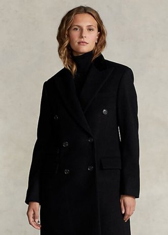 Černé dámské kabáty Melton Velvet-Topcollar Wool-Blend Ralph Lauren