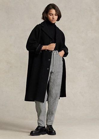 Černé dámské kabáty ze směsi vlny Ralph Lauren oversize rybí kosti